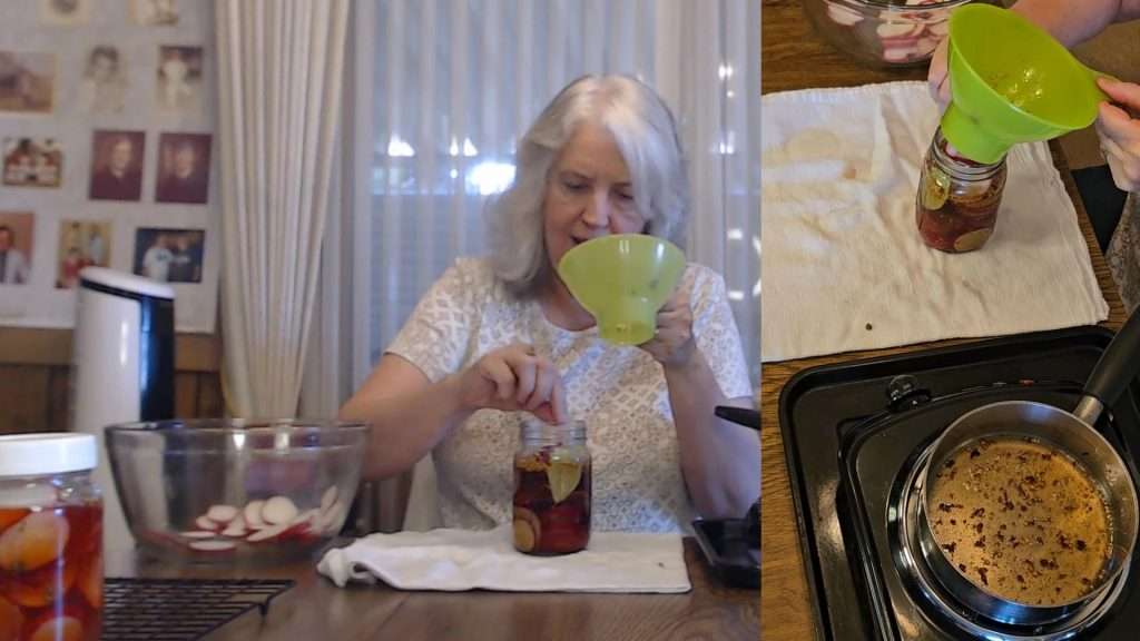 putting a bay leaf into the jar of sweet quick pickled radishes