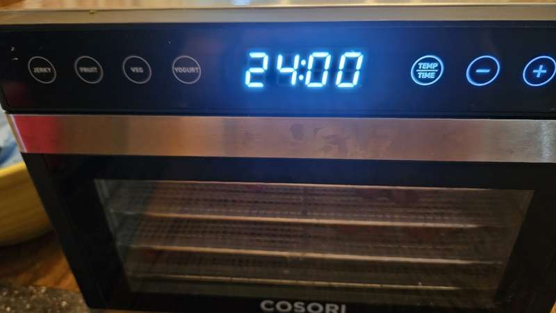 Dehydrator set with a time of 24 hours which is the time Tammy Gangloff recommends for dehydrating cherries.