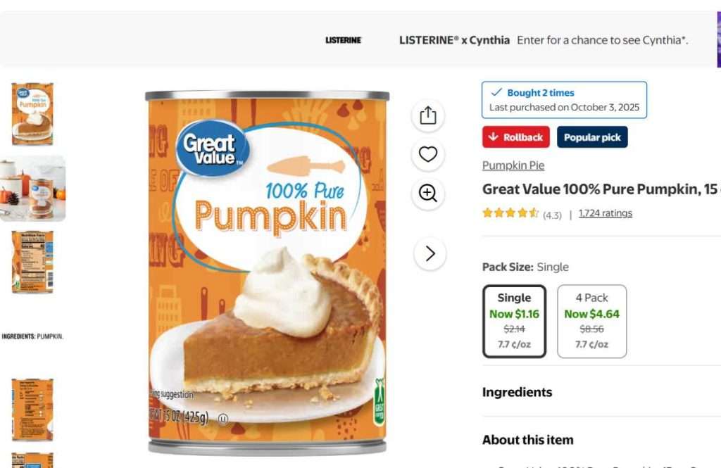A screenshot of the price of canned pumpkin showing it marked down to a sale price.