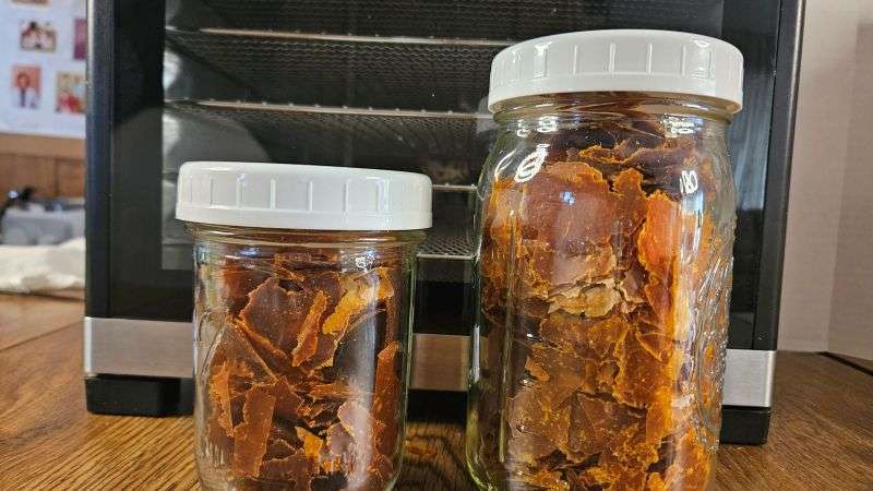 Mason jars filled with dehydrated pumpkin pieces.