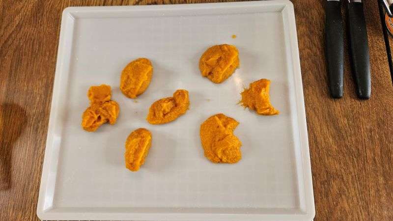 Multiple small blobs of pumpkin puree placed on a dehydrator tray.