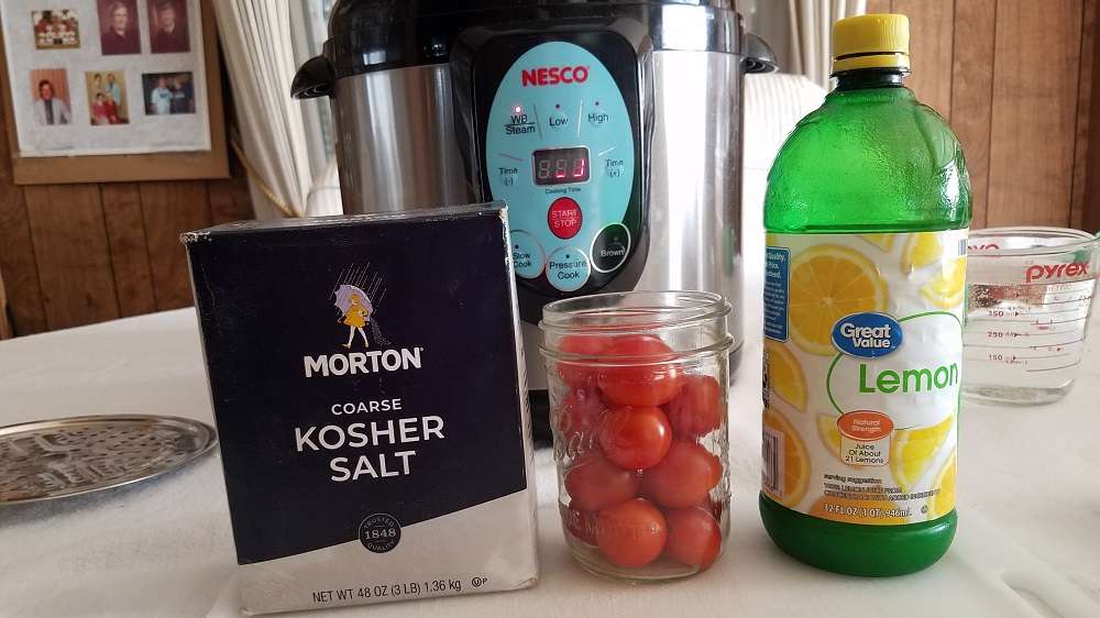 ingredients for canning cherry tomatoes include salt, cherry tomatoes, and lemon juice. The lemon juice increases the acid level, which makes the recipe safe for canning.