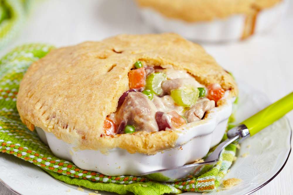 A picture of chicken pot pie. Chicken pot pie filling is thickened, but adding thickeners to the filling before canning it is a canning mistake that can kill you, so please don't do it!