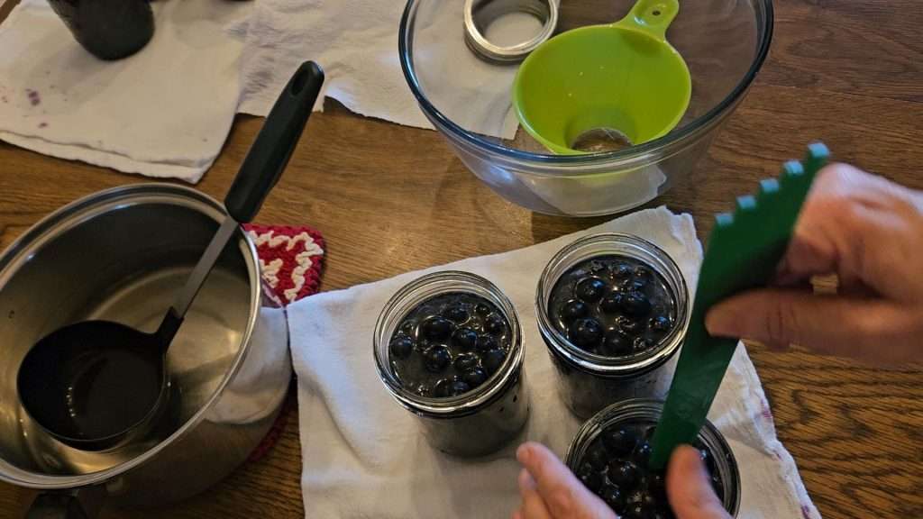 Debubbling canning jars filled with blueberries before adding lids and putting them into the canner.