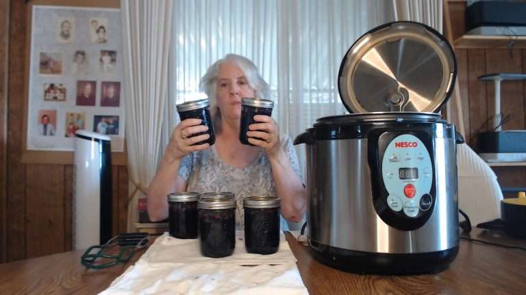 holding up to jars of home-canned blueberries, one hot pack and the other raw pack