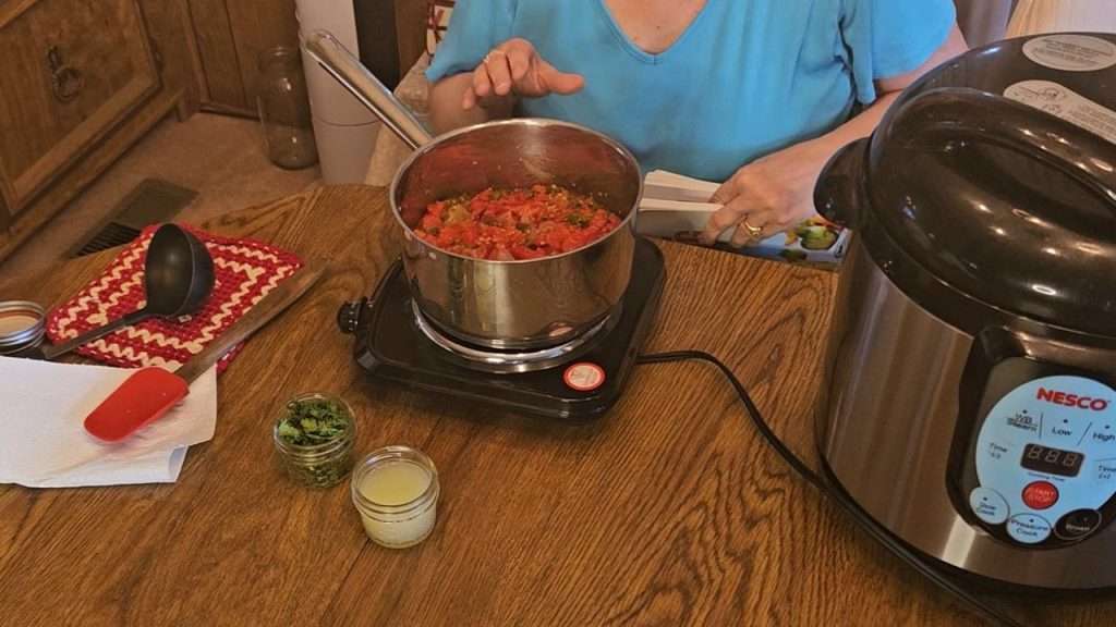 Simmering salsa ranchera in preparation for canning