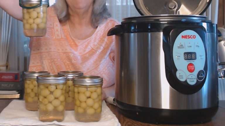 holding up a jar of home canned grapes
