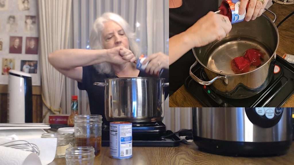 Adding tomato paste to water in a stock pot.