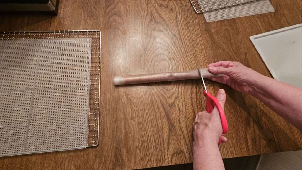 Cutting grape fruit leather with kitchen shears