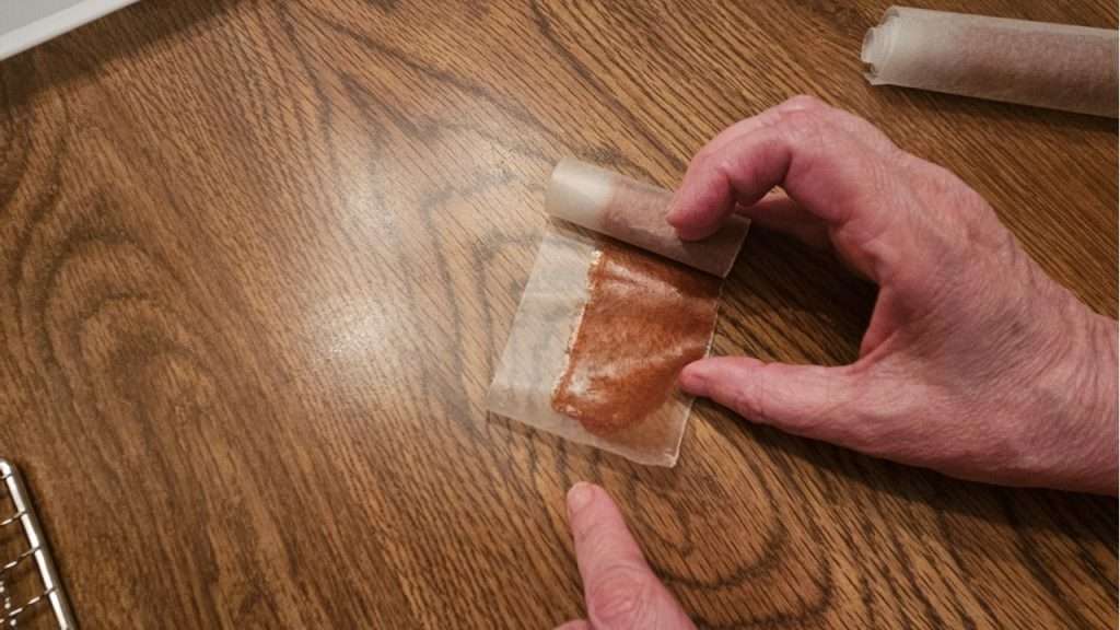 unrolling strip of grape fruit leather on wax paper