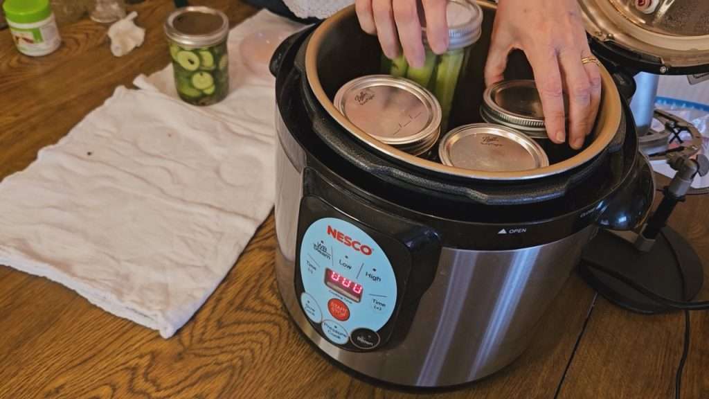 Putting a jar of dill pickle spears into the Nesco canner.