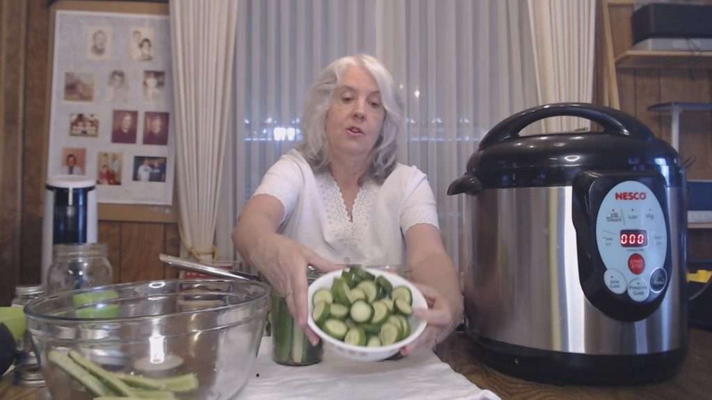 Sliced cucumbers for making dill pickle slices.