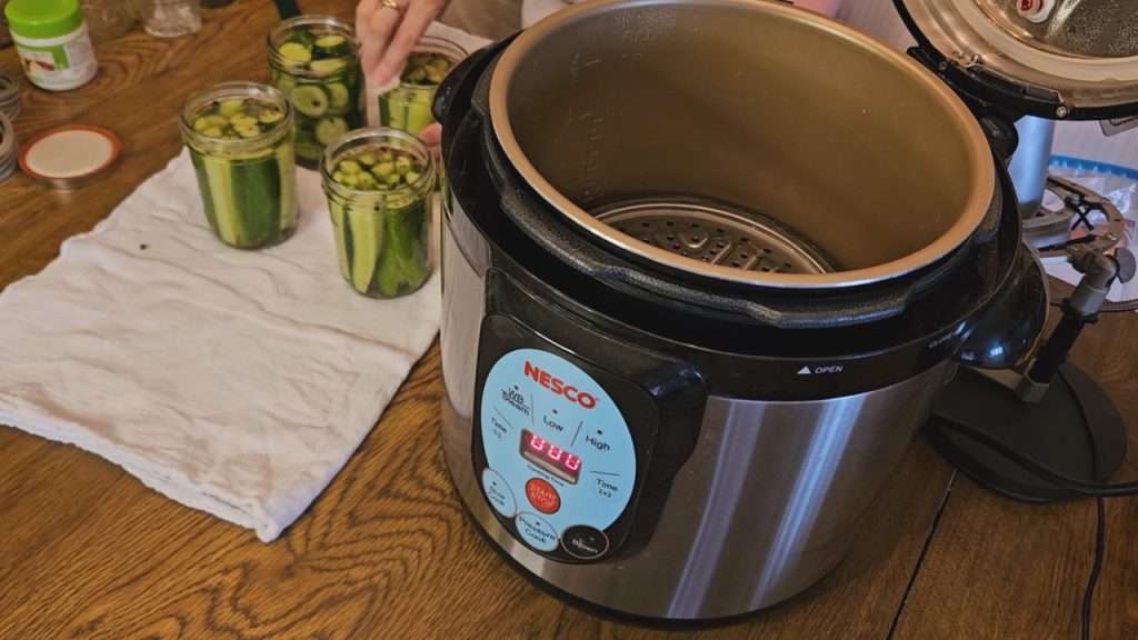 wiping the rims of canning jars filled with cucumber spears.