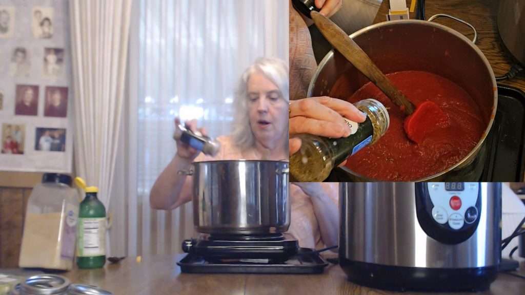 Adding oregano to the pizza sauce.