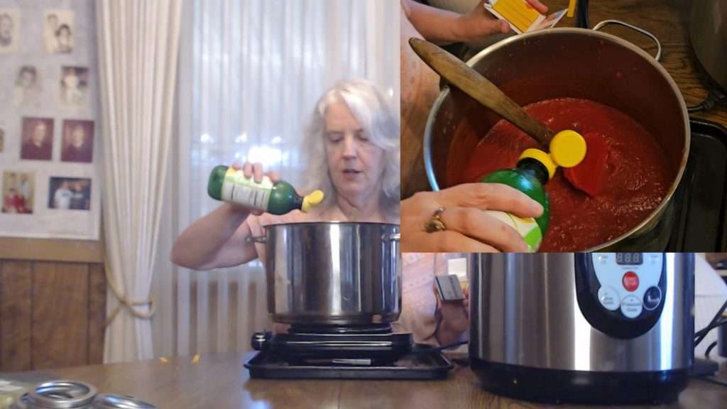 Adding lemon juice to pizza sauce to bring up the acid level to make it safe for water bath canning.