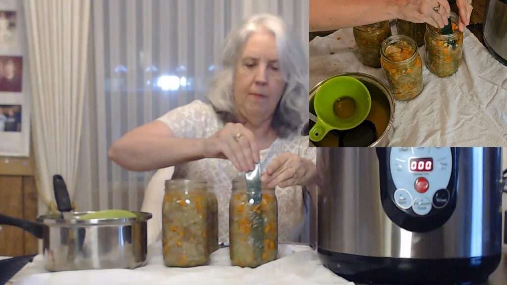 debubbling canning jars filled with chicken and gravy mixture.