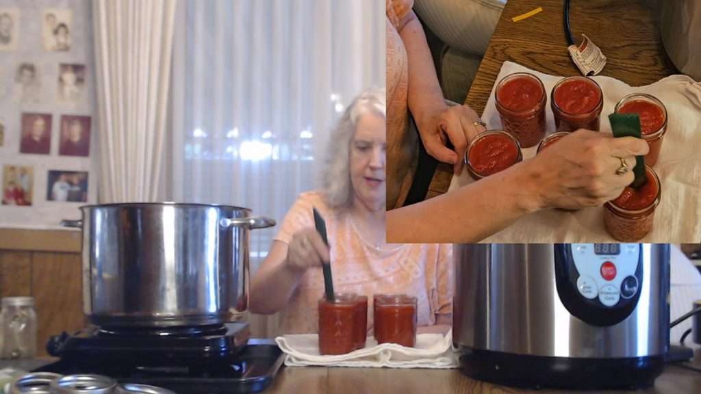 debubbling jars of pizza sauce.