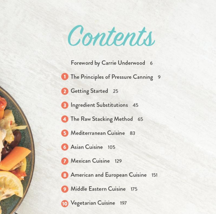 The Table of Contents from the book, The Canning Diva Presents Meals in a Jar