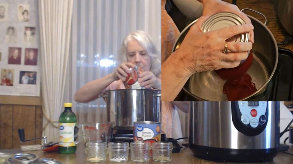 Pouring tomato puree into a large stainless steel stock pot.