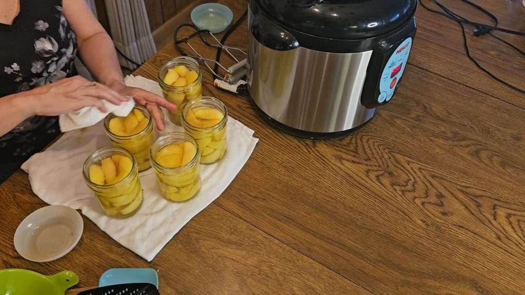 wiping the rims of canning jars filled with apples and syrup.