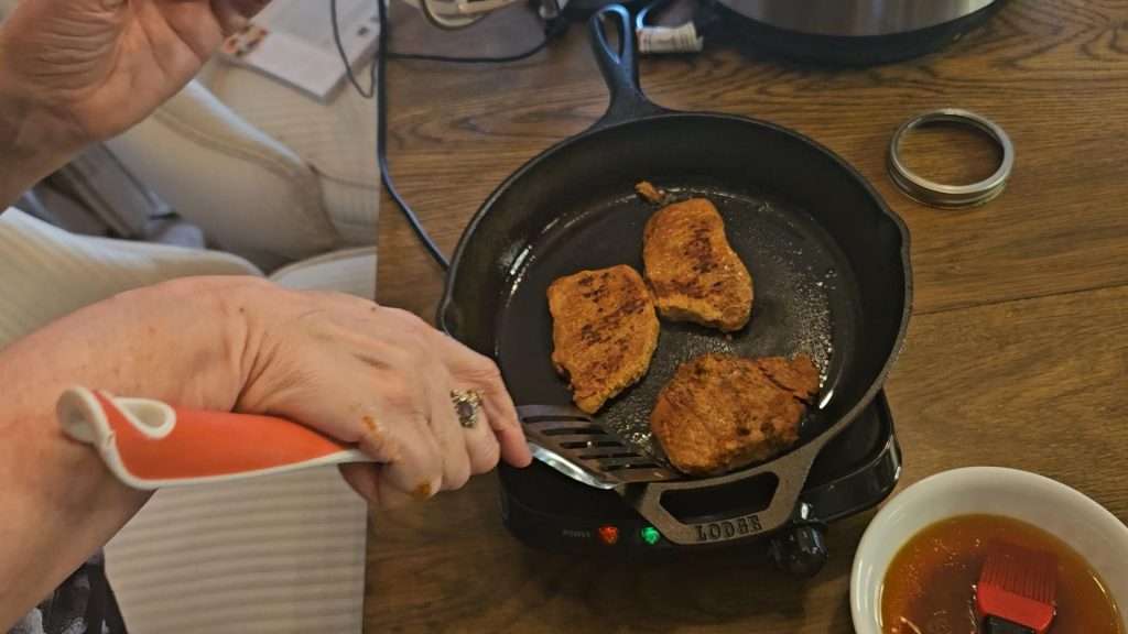 browning pork chops after removing from a canning jar