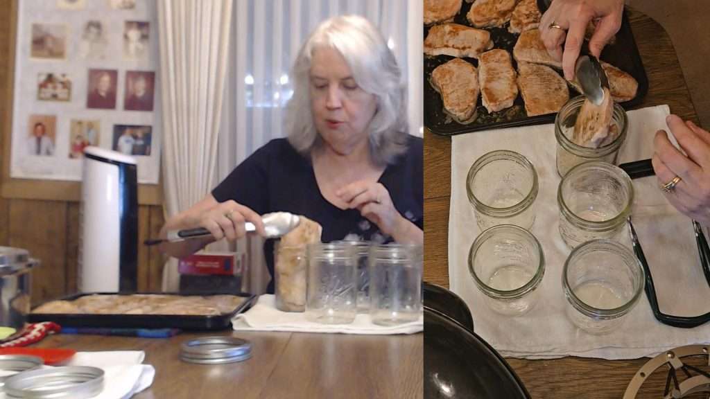 Using tongs to put a pork chop into a canning jar