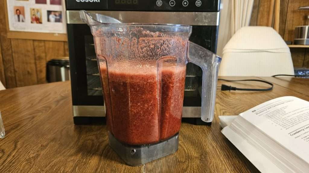 Cranberry puree mixture in a blender to make cranberry fruit leather.