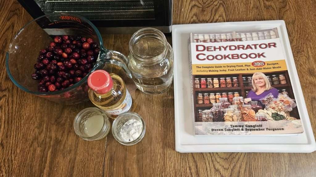 The ingredients for cranberry fruit leather next to the Ultimate Dehydrator Cookbook, which is the source for the recipe.