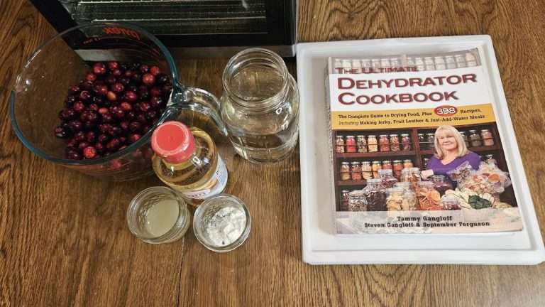 Ingredients for cranberry fruit leather together with the book with the recipe.