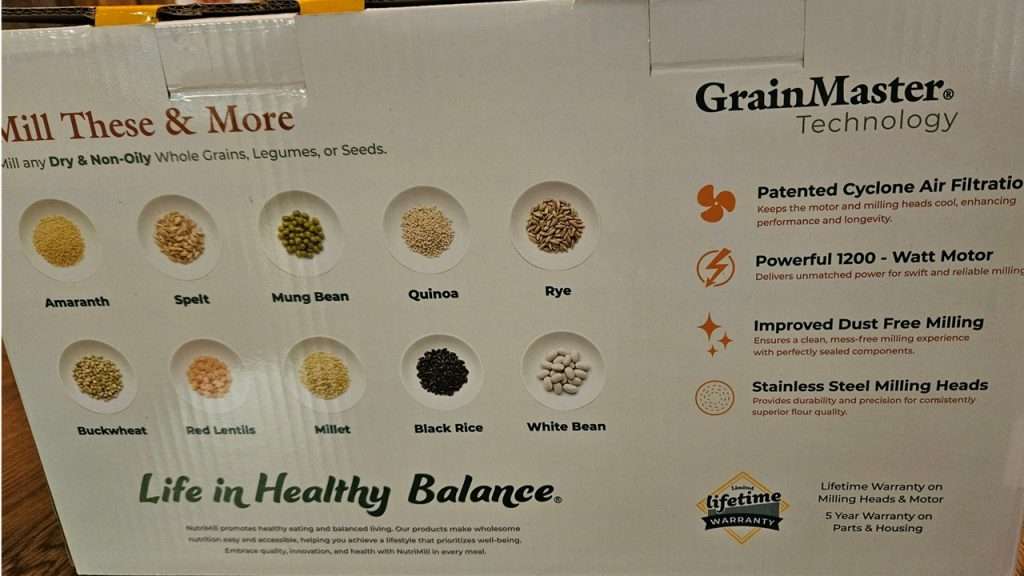 Box panel listing grains and legumes suitable for grinding in the NutriMill Impact.