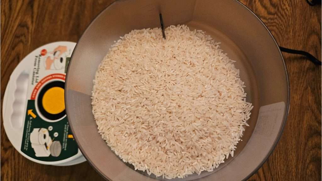 NutriMill hopper filled with rice as part of initial cleaning step.