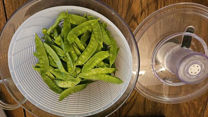 snow peas in a salad spinner with the top off