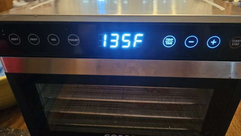 Dehydrator set at a temperature of 135 degrees Fahrenheit