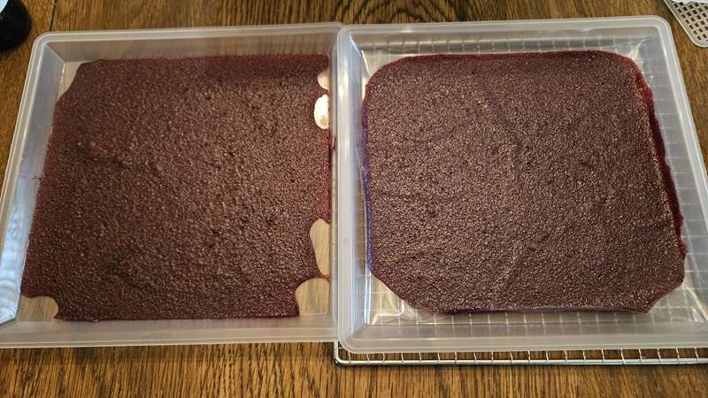 cherry fruit leather on a tray that was spread with oil and one that has the cherry fruit leather on a plastic bag.