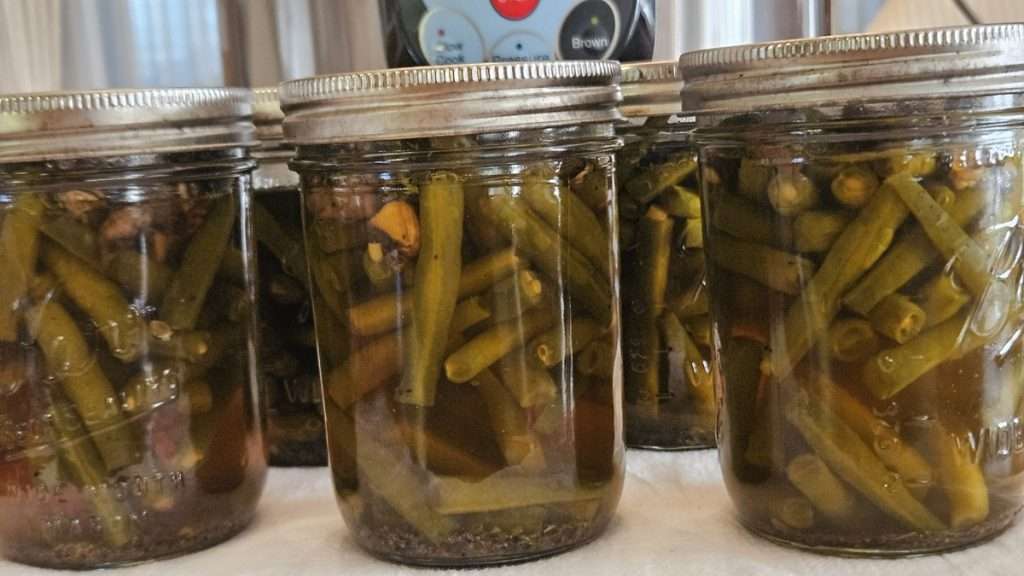 jars of home canned green beans and mushrooms.
