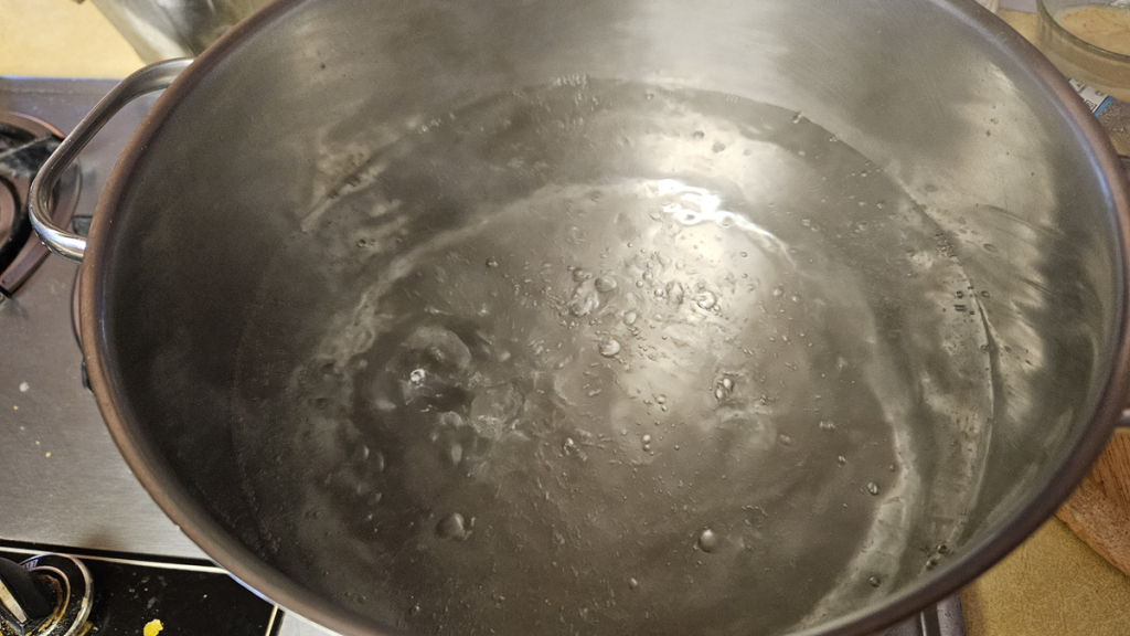 a stainless steel pot filled with boiling water.