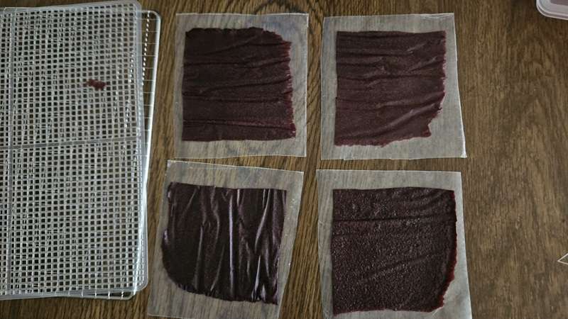 A piece of cherry fruit leather cut into 4 parts with each part placed on a square of wax paper.