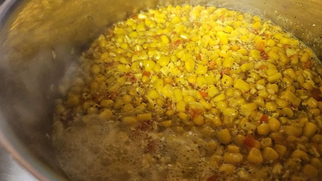 Simmering corn relish.