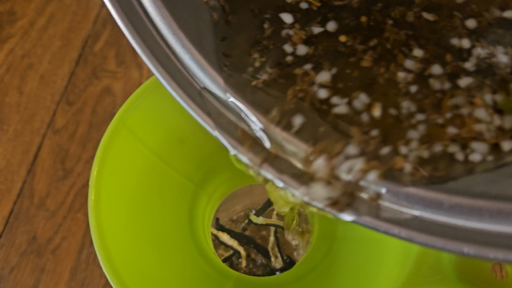 Pouring pickle brine over dehydrated cucumbers. 
