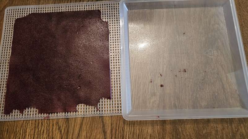 Cherry fruit leather transferred to a mesh dehydrator sheet to finish the drying process.