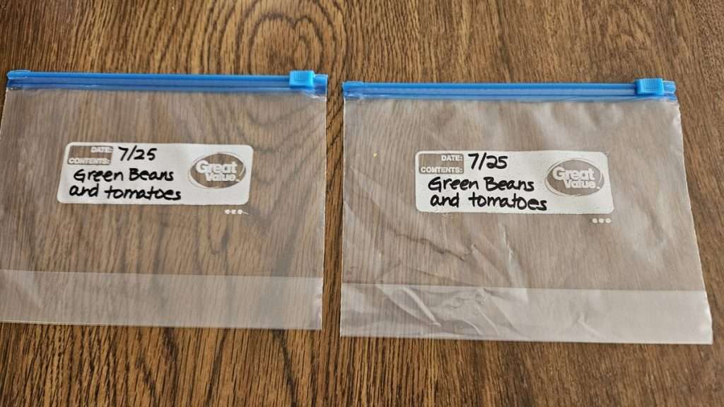 zippered freezer bags labeled and ready to be filled with green beans and tomatoes!