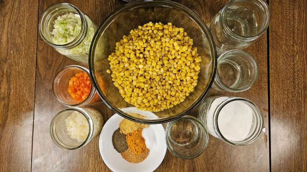 All of the ingredients for canning corn relish set out on a table.