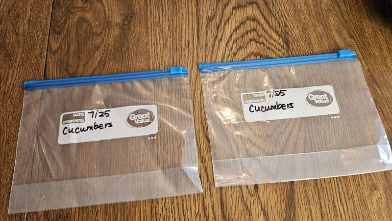 Empty labeled freezer bags. It's easier to label them before filling them with the frozen cucumbers.