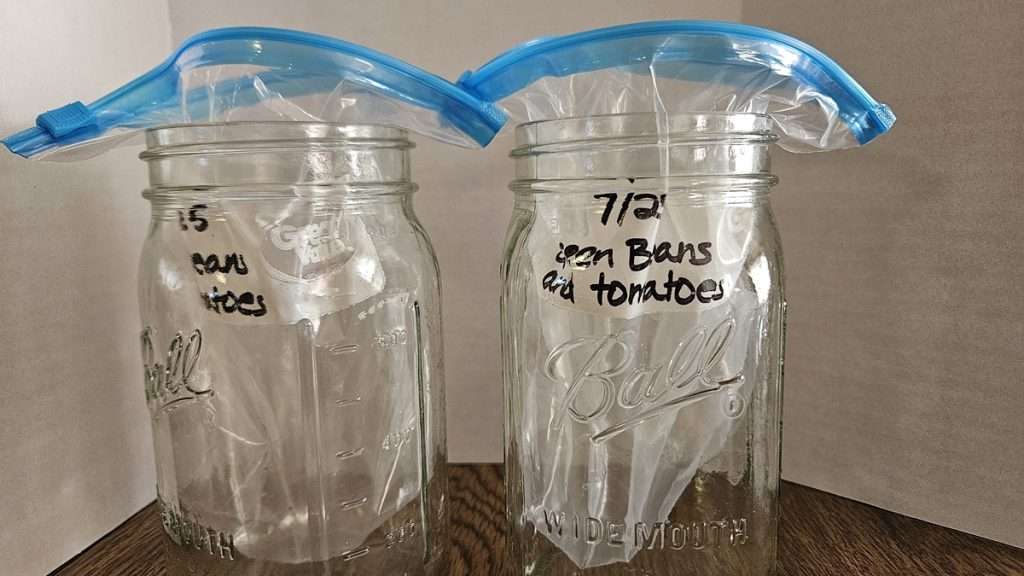Empty freezer bags propped on jars for easy filling.