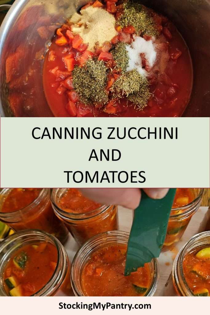 checking the headspace on canning jars filled with zucchini and tomatoes.