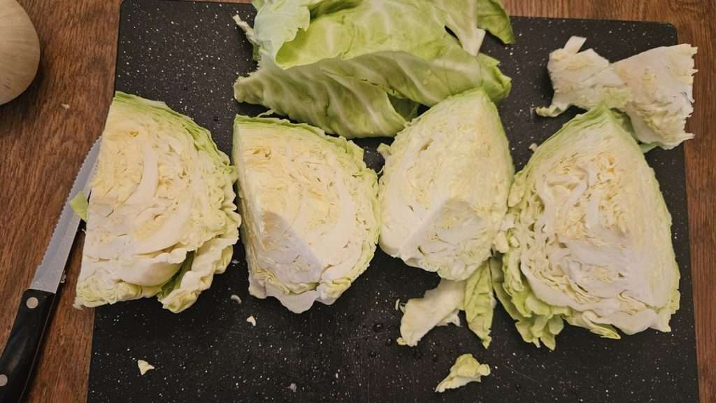 cabbage cut into fourths.