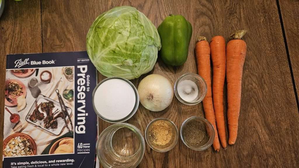 Cabbage, carrots, pepper, onion, vinegar, and seasonings on a table for freezer slaw