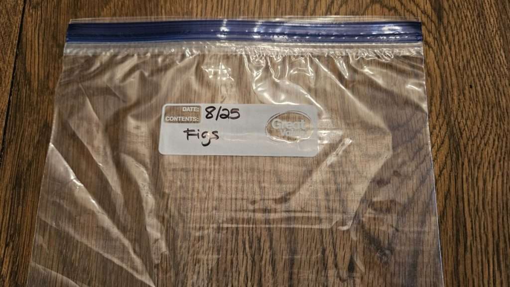Empty labeled freezer bag ready for frozen figs