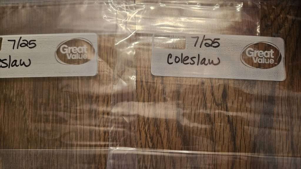 Freezer bags labeled coleslaw with date