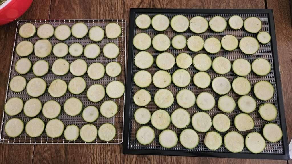 Side-by-side dehydrator trays with zucchini slices touching but not overlapping, showing different tray sizes.